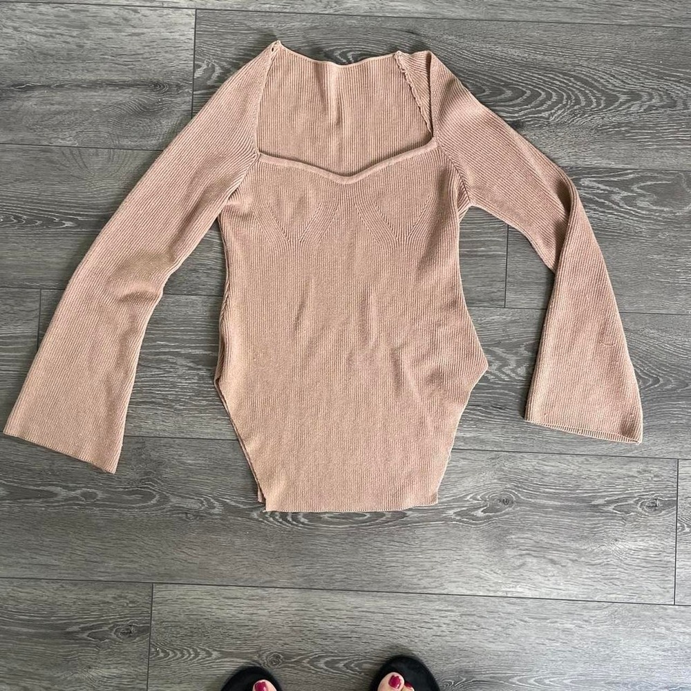 Tan Ribbed Sweetheart Neckline Bell Sleeve Knit Top Beige Long Sleeve